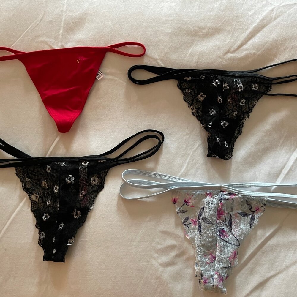 Victoria's Secret Red, Black + Blue Floral Thong String Bikini Panties 4 Pair/S